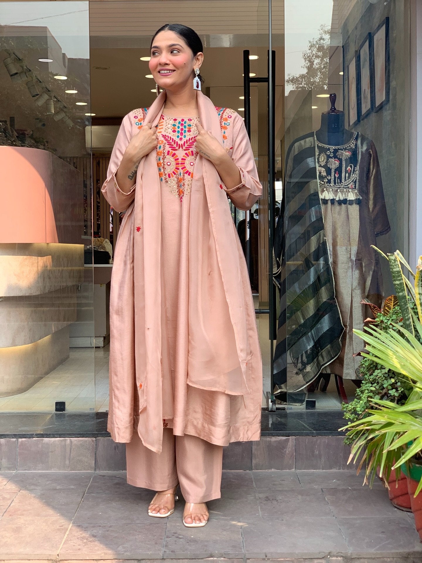 Elegant Peach Embroidered Anarkali Kurta Pant Set with Dupatta