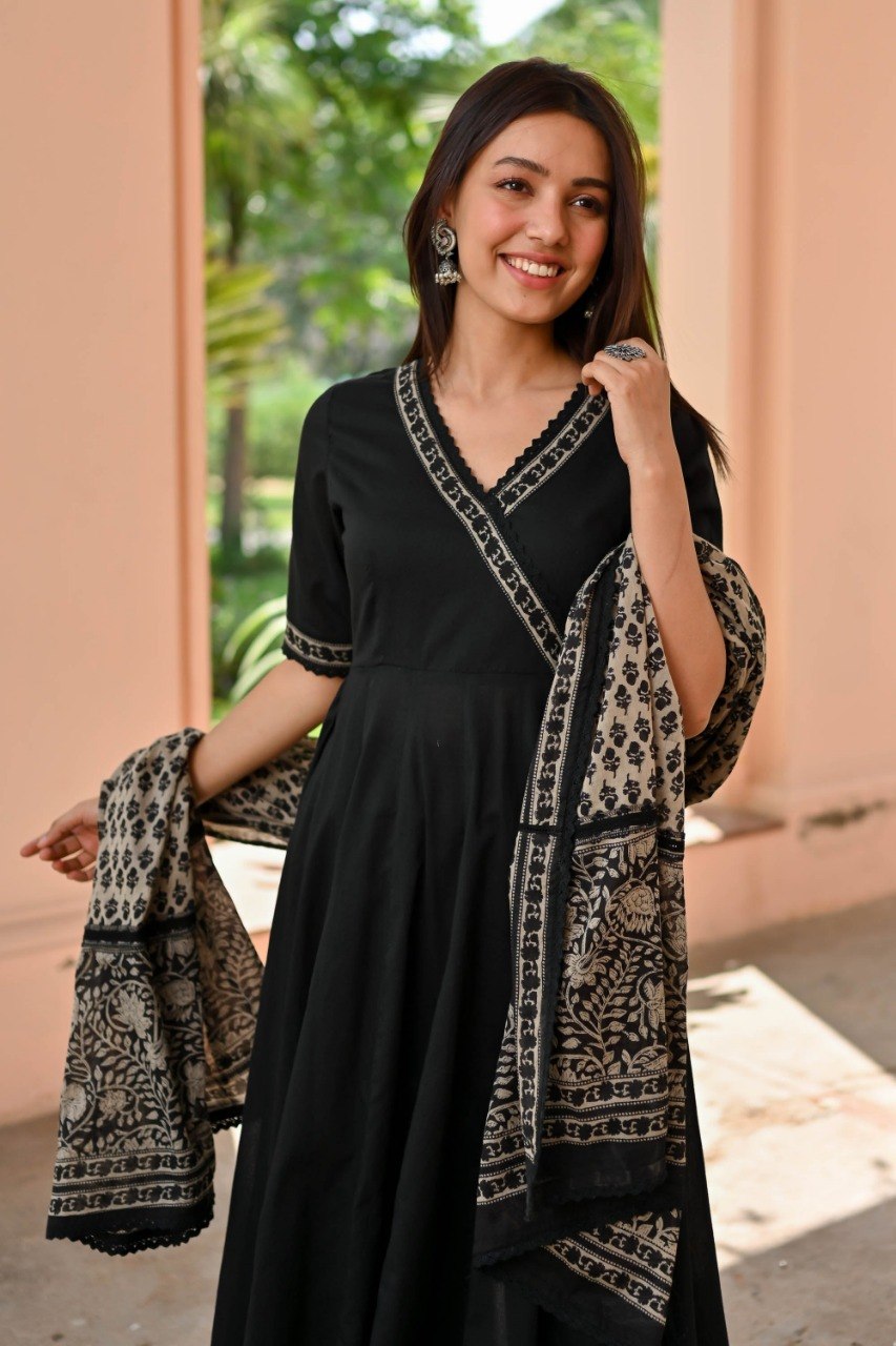 Elegant Black Angrakha Kurta Set with Block Print Dupatta