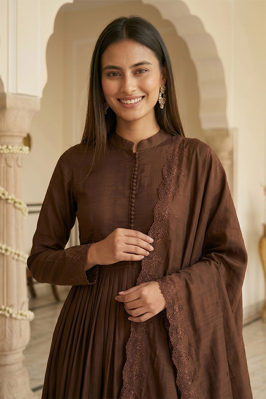 Brown Flared Anarkali Suit Set with Dupatta