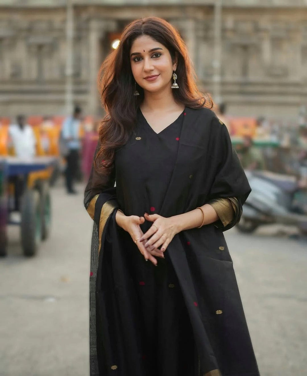 Black Kurta Set with Gold Border Dupatta