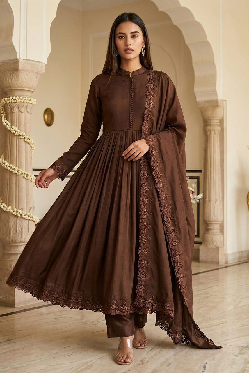 Brown Flared Anarkali Suit Set with Dupatta