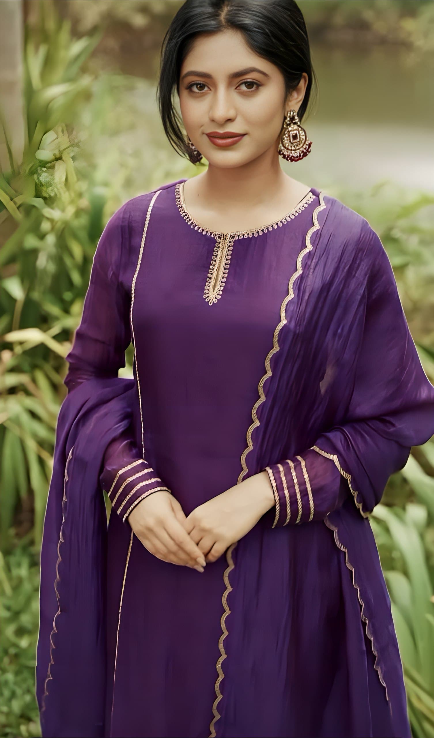 Purple Silk Blend Suit Set with Scalloped Border Dupatta