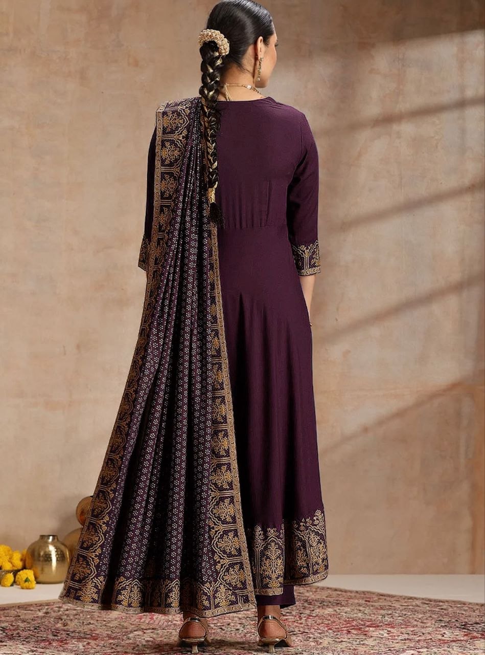 Purple Anarkali Kurta Set with Zari Border Dupatta & Pants