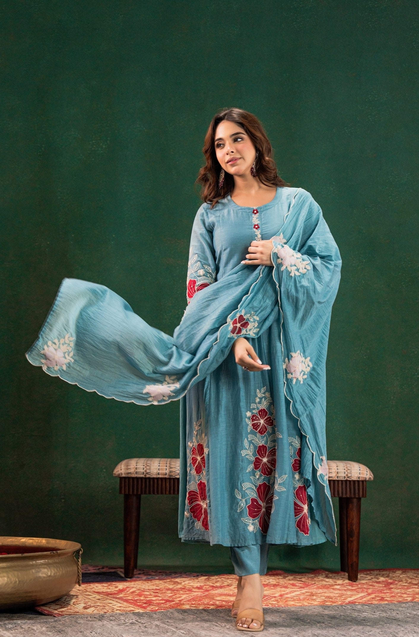 Sky Blue Cotton Silk Floral Thread Work Flared Anarkali Suit with Pants & Dupatta
