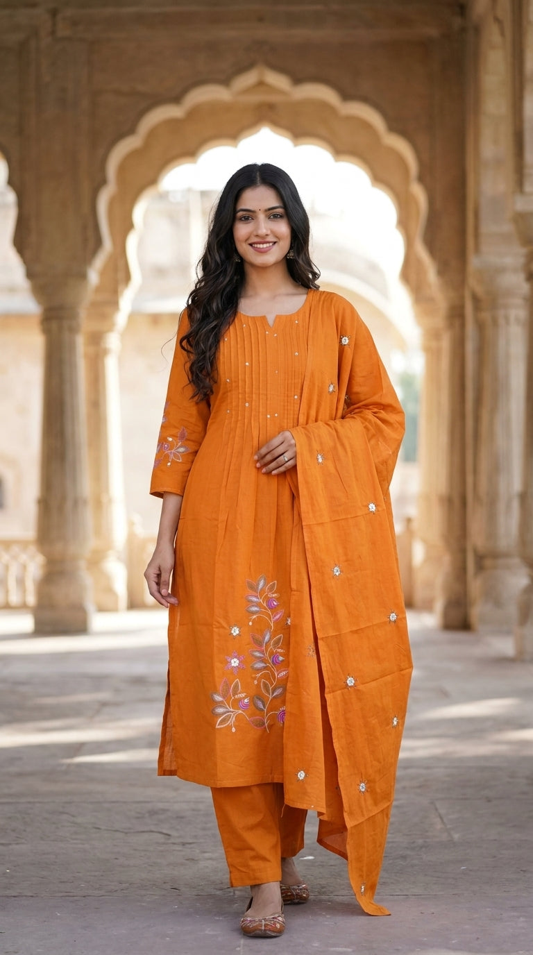 Elegant Rust Orange Cotton Embroidered Kurta Pant Set With Dupatta
