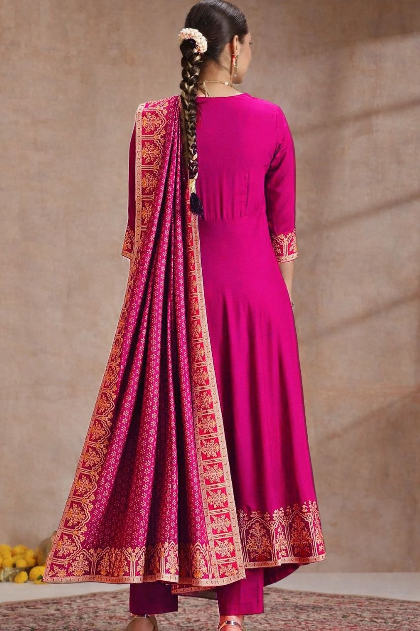 Rani Pink Anarkali Kurta Set with Zari Border Dupatta & Pants