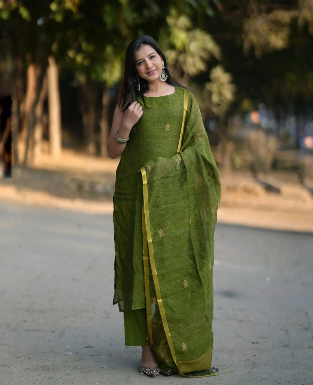 Classic Olive Green Straight Kurta Pant Set with Dupatta