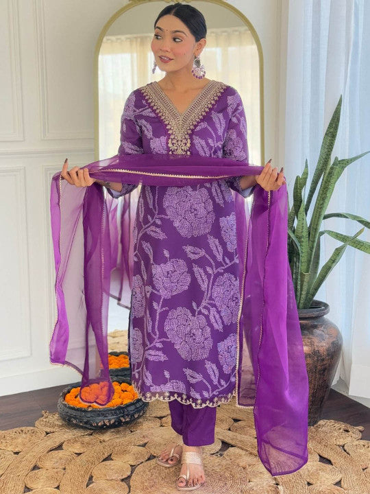 Purple Rayon Kurta Set with Chanderi Dupatta