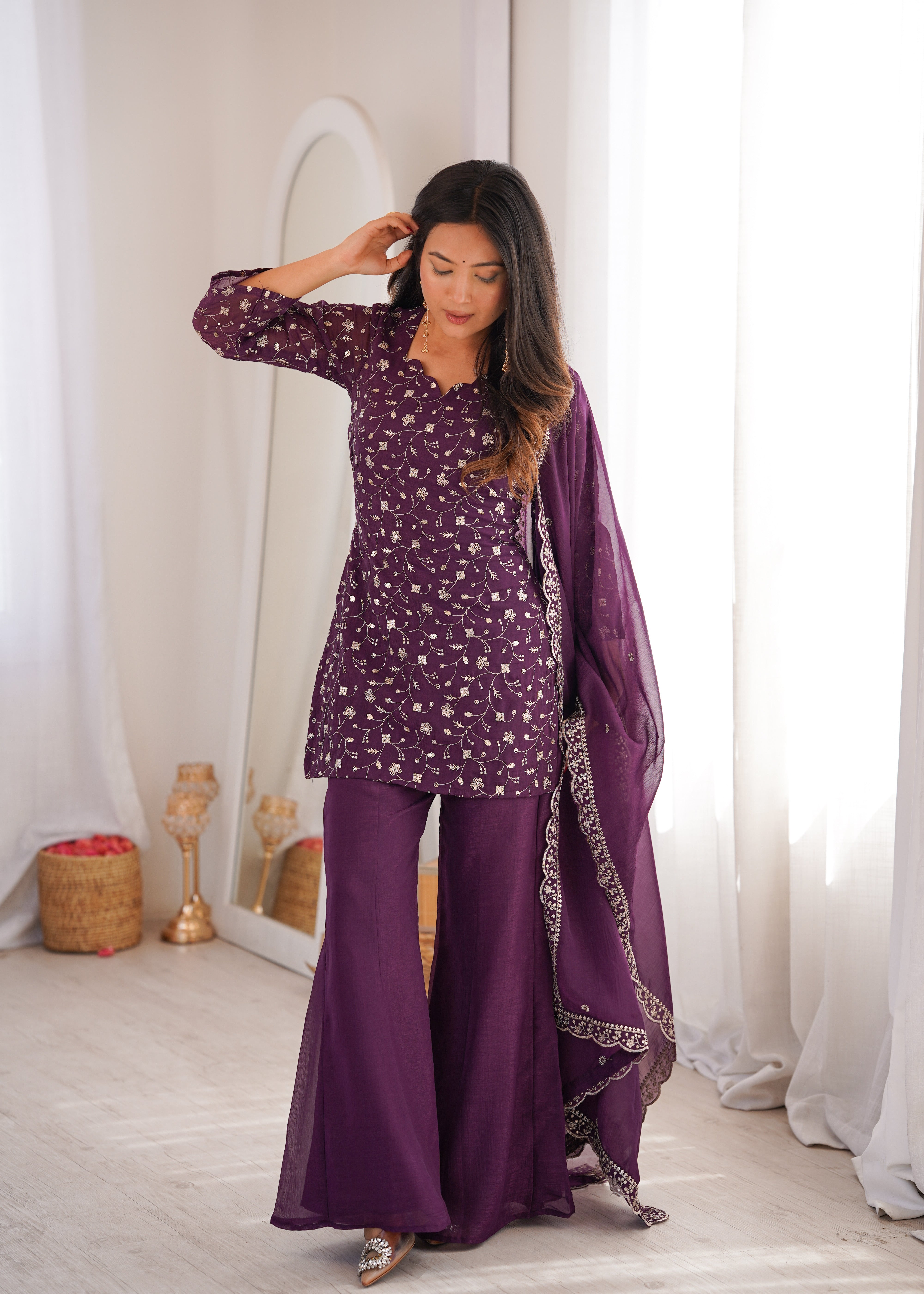 Crunchy Silk Embroidered Suit Set with Bell Bottom Pant