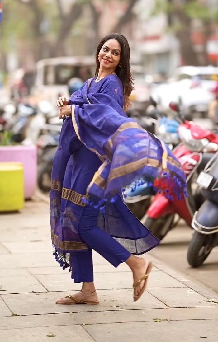 Glamorous Blue & Gold Designer Jacquard Suit with Dupatta Set