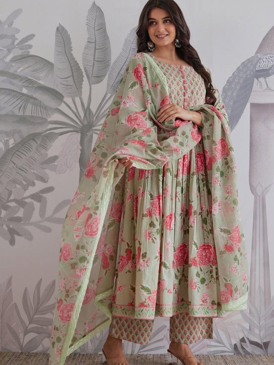 Premium Sage Green Floral Jaipuri Cotton 6060 Flared Anarkali Suit Set with Pant & Dupatta