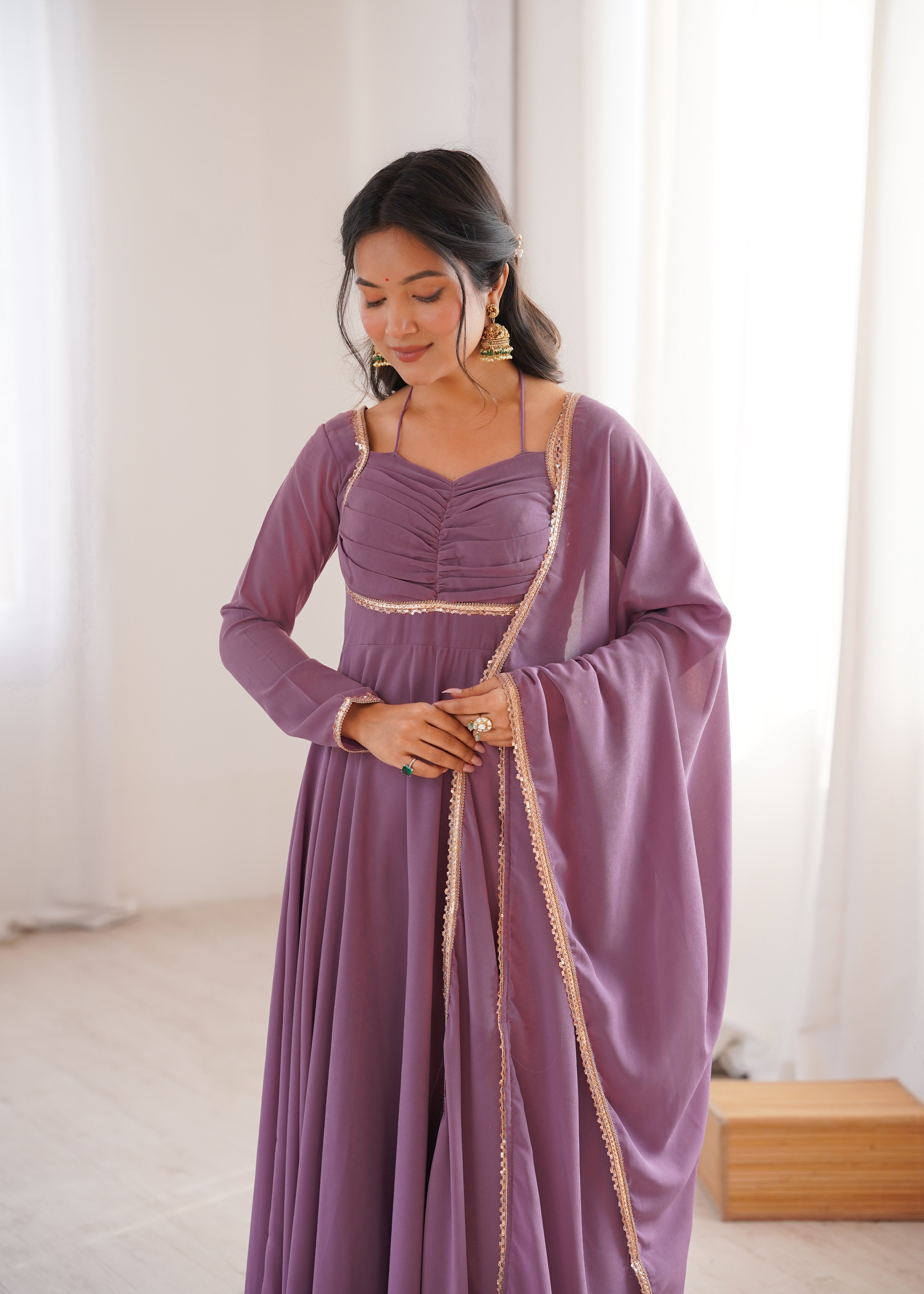 Mauve Pink Fox Georgette Umbrella Flair Fancy Neck Gown With Dupatta