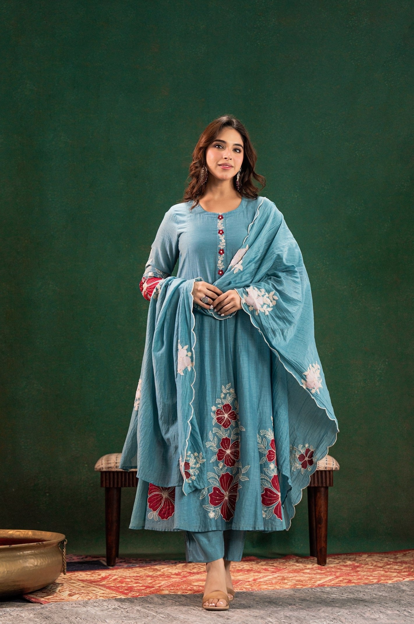Sky Blue Cotton Silk Floral Thread Work Flared Anarkali Suit with Pants & Dupatta