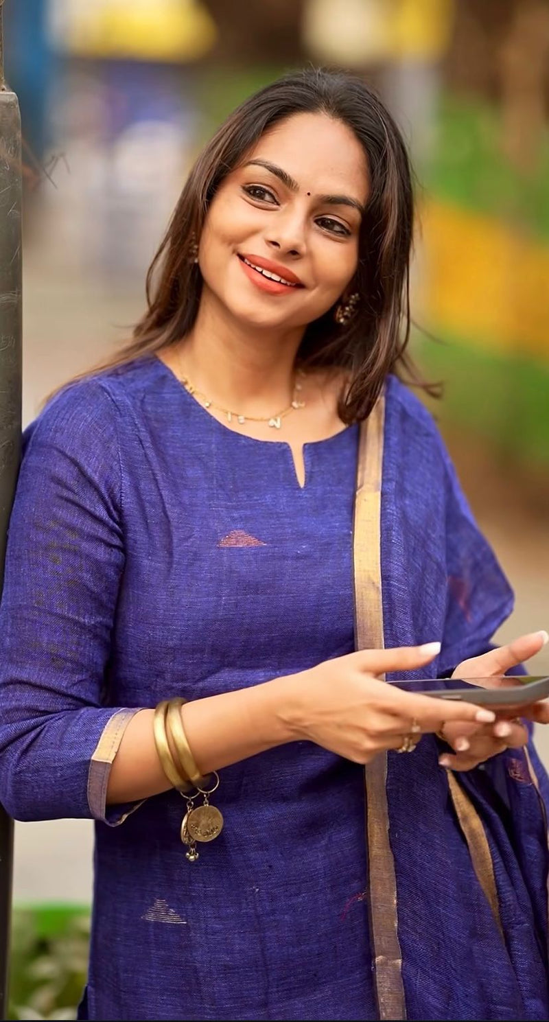 Glamorous Blue & Gold Designer Jacquard Suit with Dupatta Set