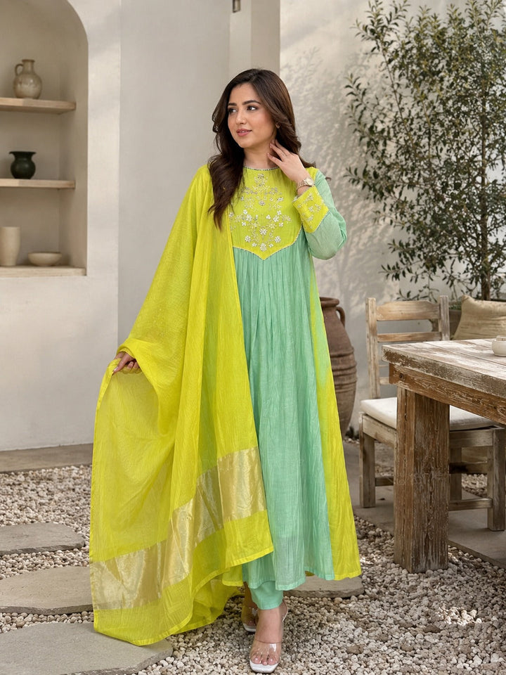 Elegant Mint Green & Lime Yellow Embroidered Anarkali Suit Set