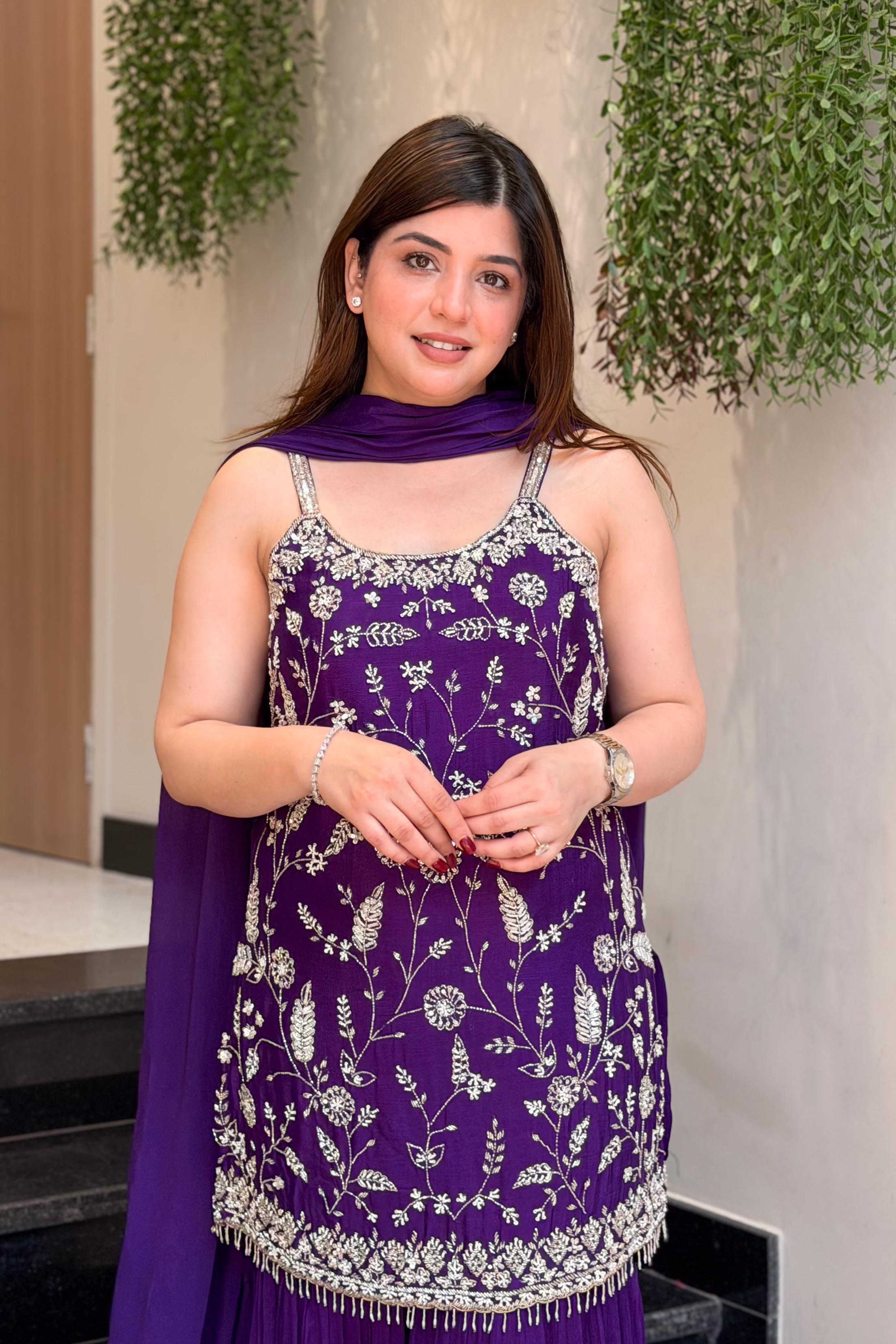 Majestic Purple Sequins Work Kurta Sharara Set