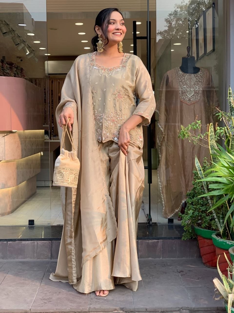 Festive Cream Silk Peplum Kurti & Sharara Suit with Matching Potli Bag