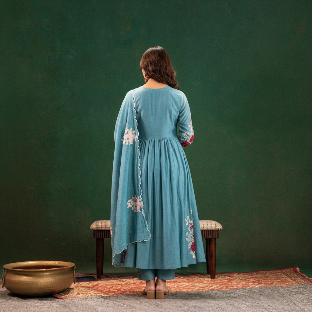 Sky Blue Cotton Silk Floral Thread Work Flared Anarkali Suit with Pants & Dupatta