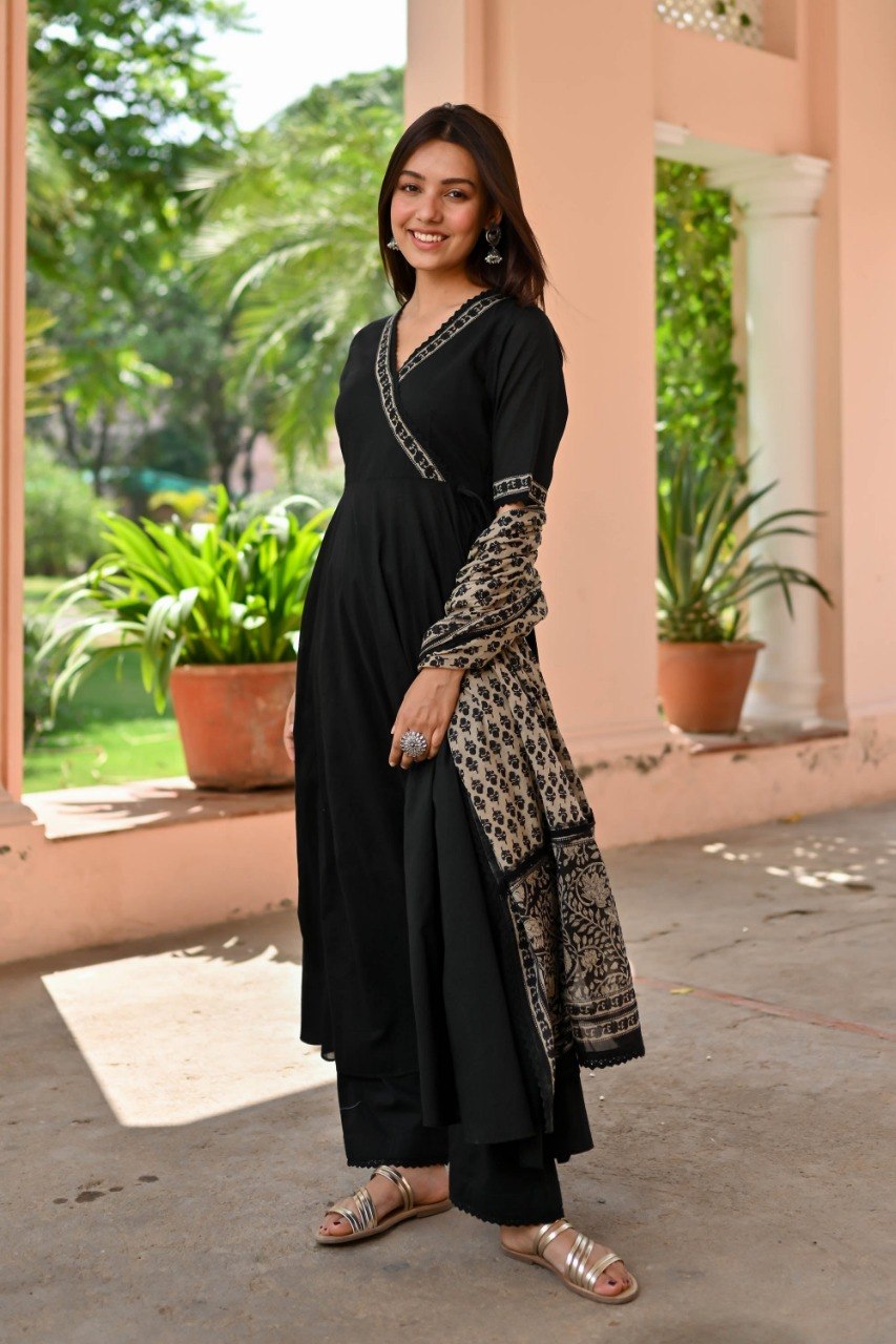 Elegant Black Angrakha Kurta Set with Block Print Dupatta
