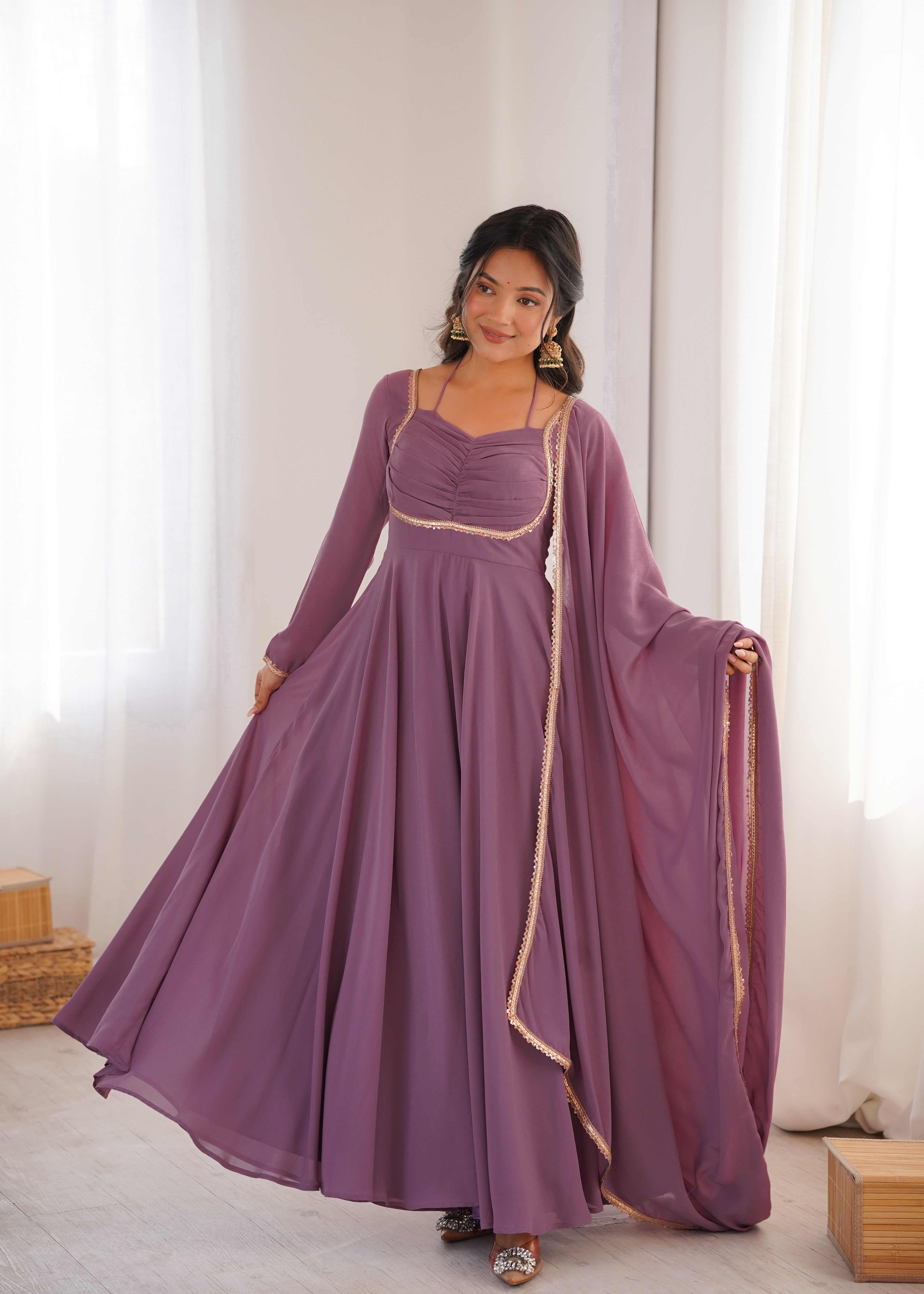 Mauve Pink Fox Georgette Umbrella Flair Fancy Neck Gown With Dupatta
