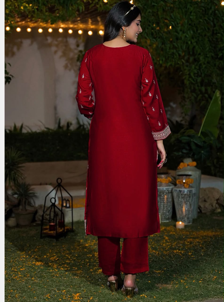 Elegant Maroon Silk Embroidered Kurta Set with Dupatta
