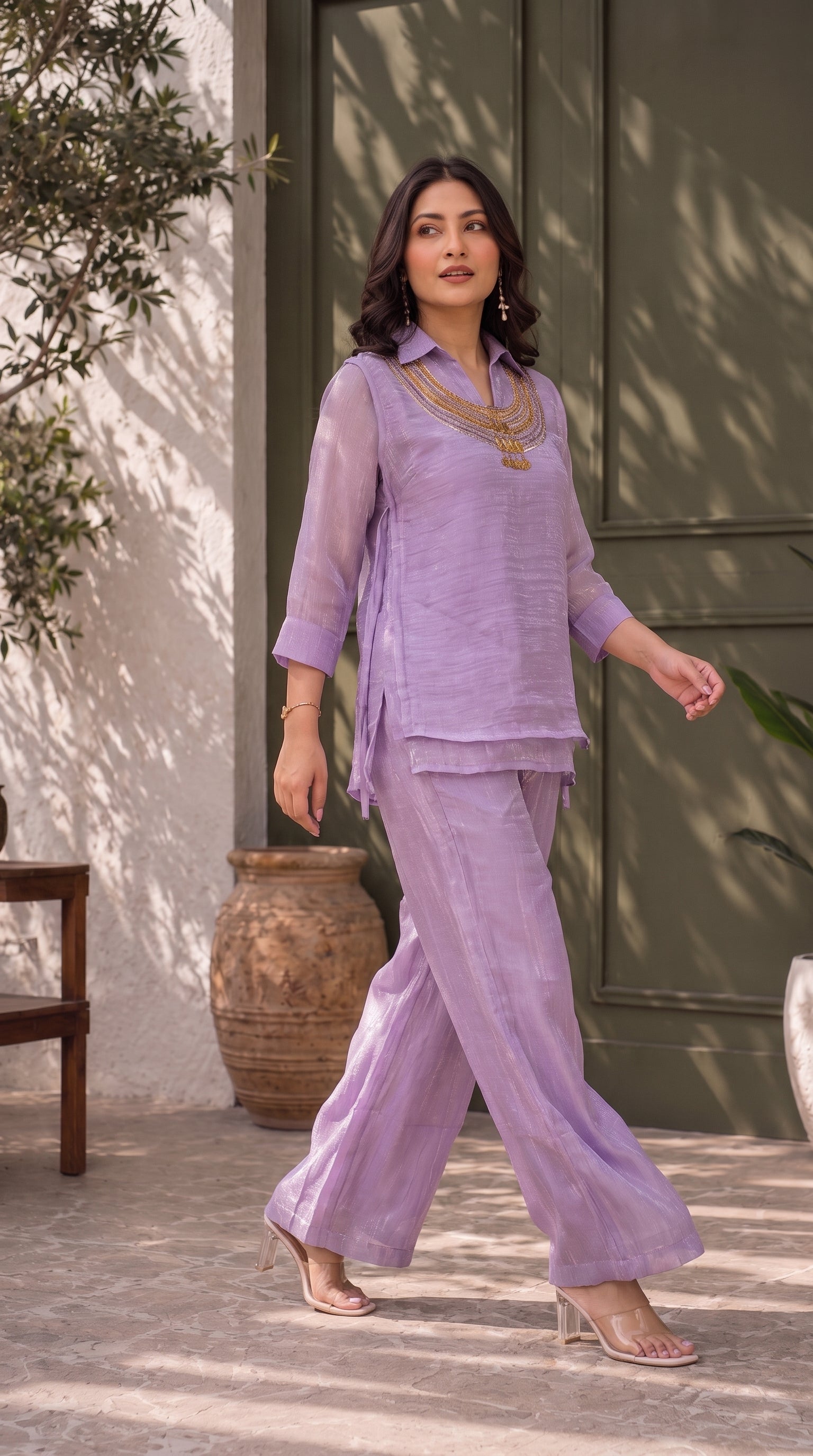 Purple Crunchy Silk Top and Palazzo Set with Handwork Neckline