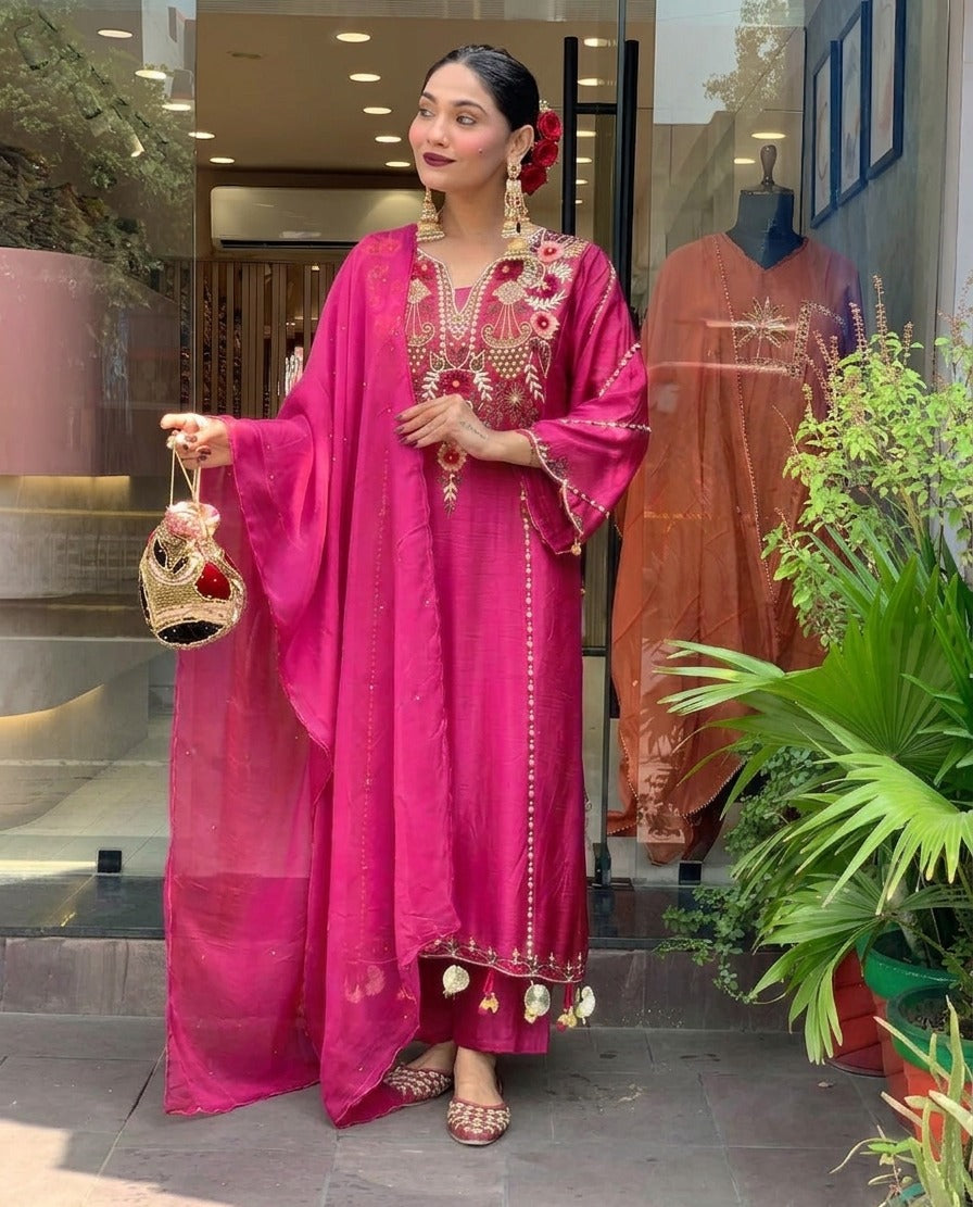 Rani Pink Chanderi Silk Embroidered Kurta Pant Set with Dupatta