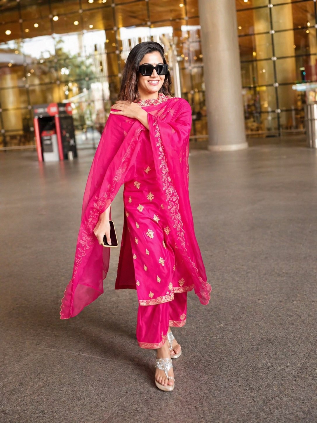 Hot Pink Embroidered Kurta Palazzo Dupatta Set
