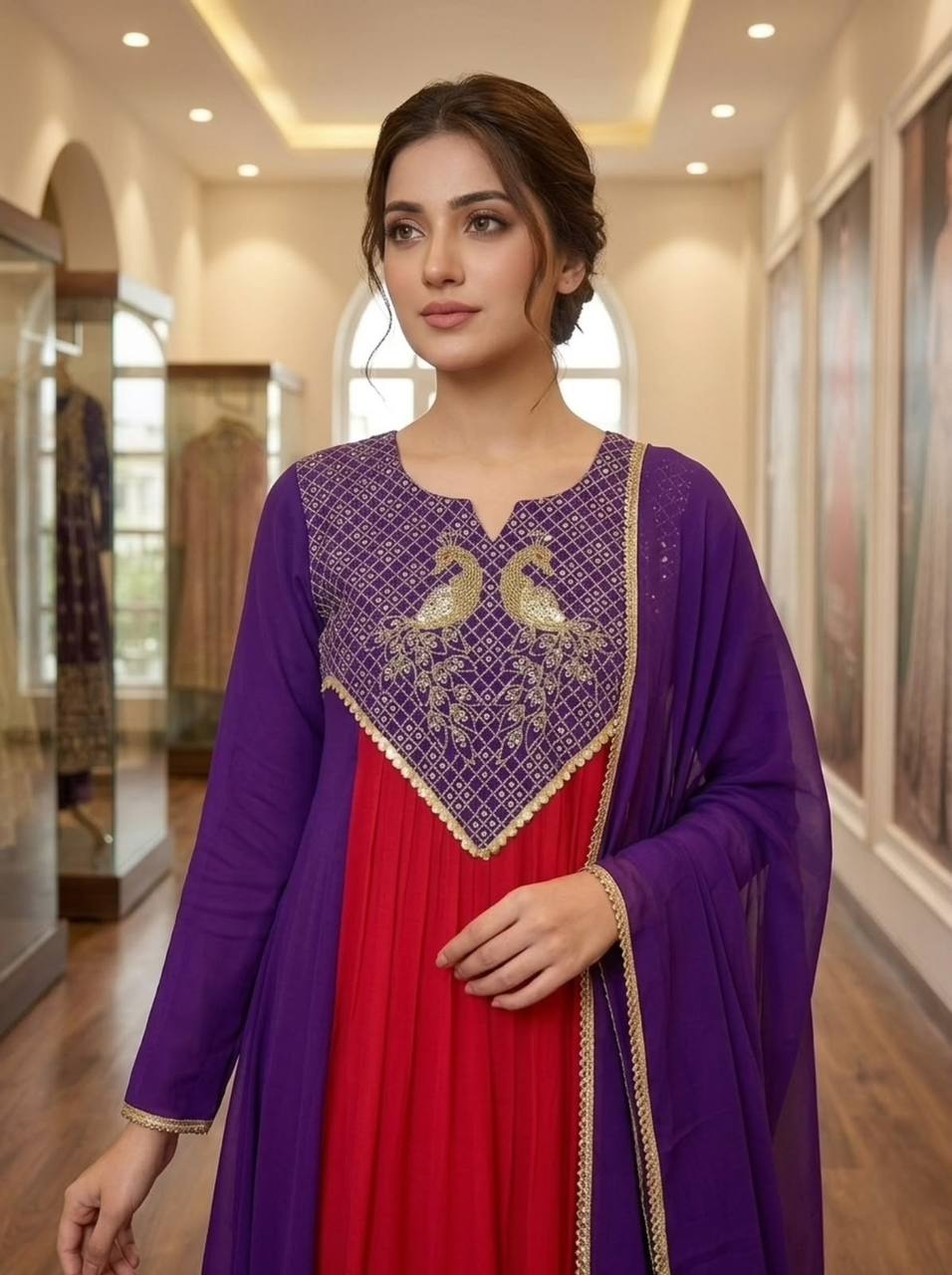 Red and Purple Embroidered Anarkali Suit Set with Dupatta