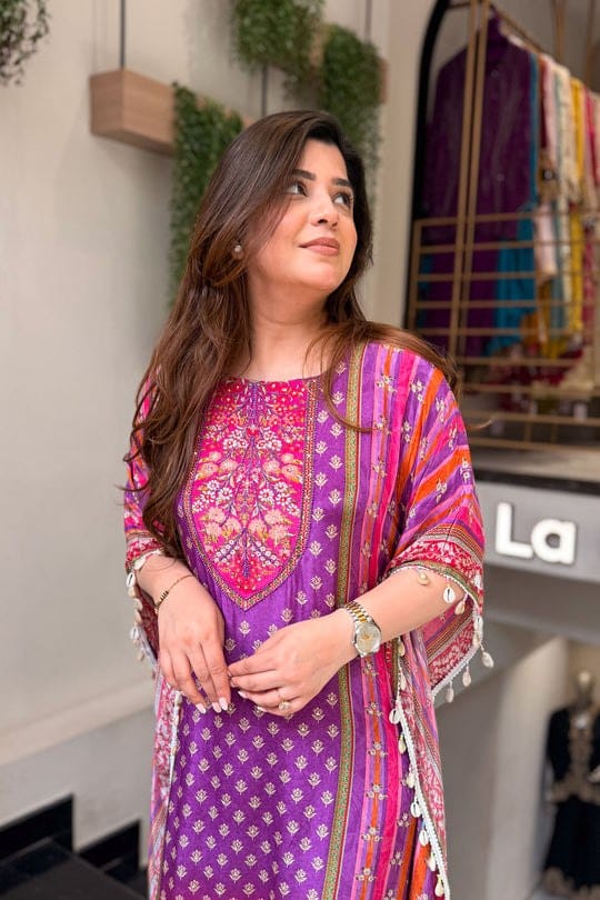 Purple Mustard Printed Kaftan Kurti Set with Beads Work & Pants