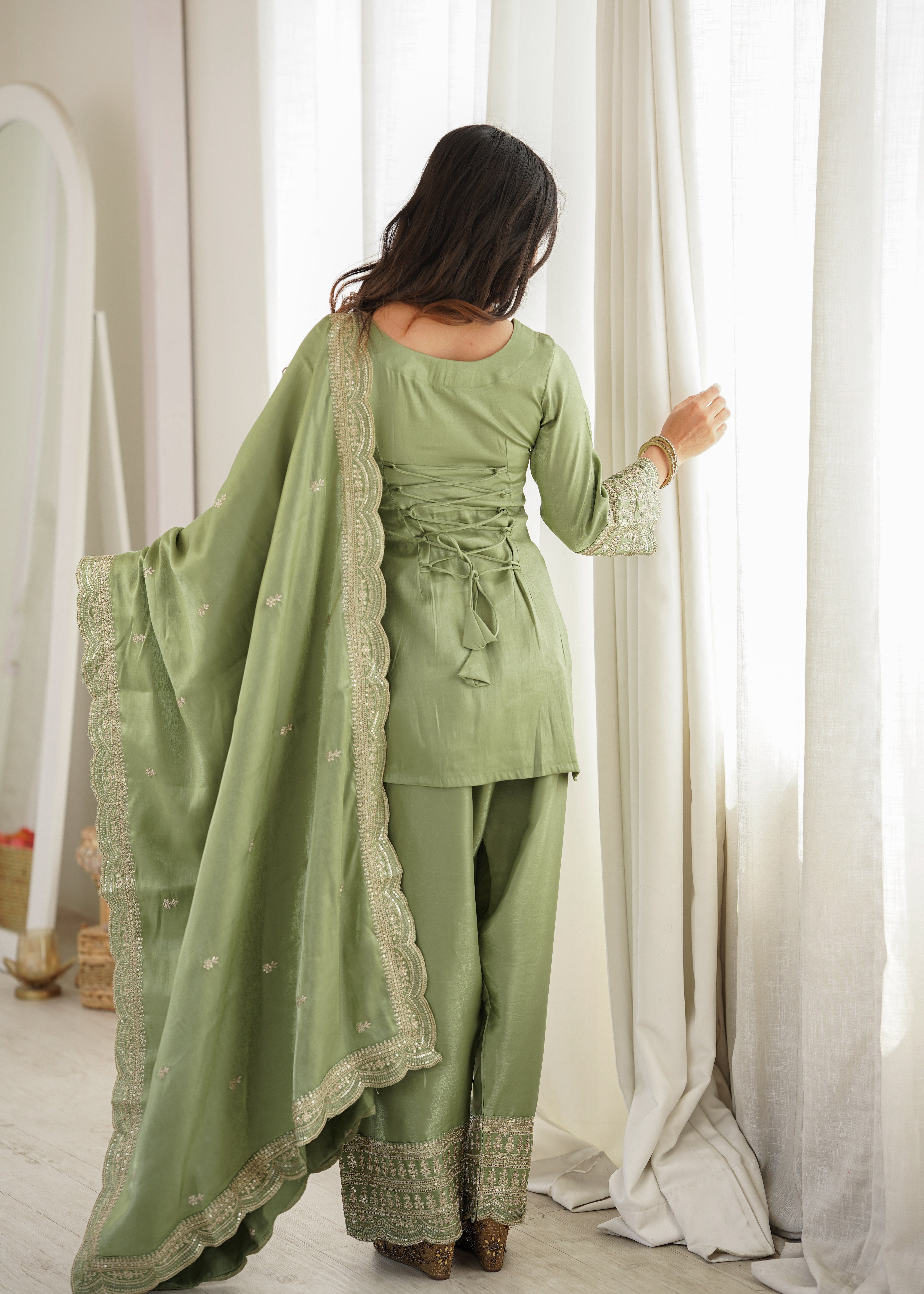 Olive Green Salwar Suit for Women | Embroidered Kurta, Salwar, and Dupatta Set