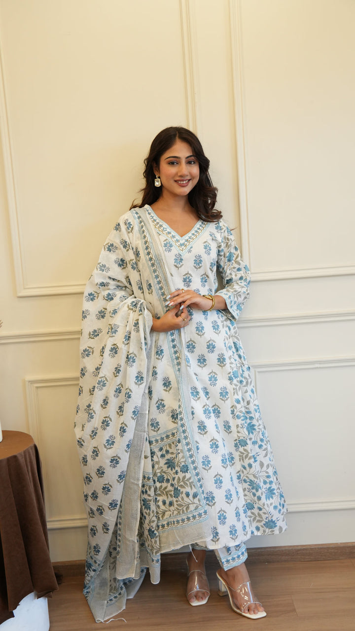 Grey White Cotton Afghani Kurti With Pant & Dupatta Set