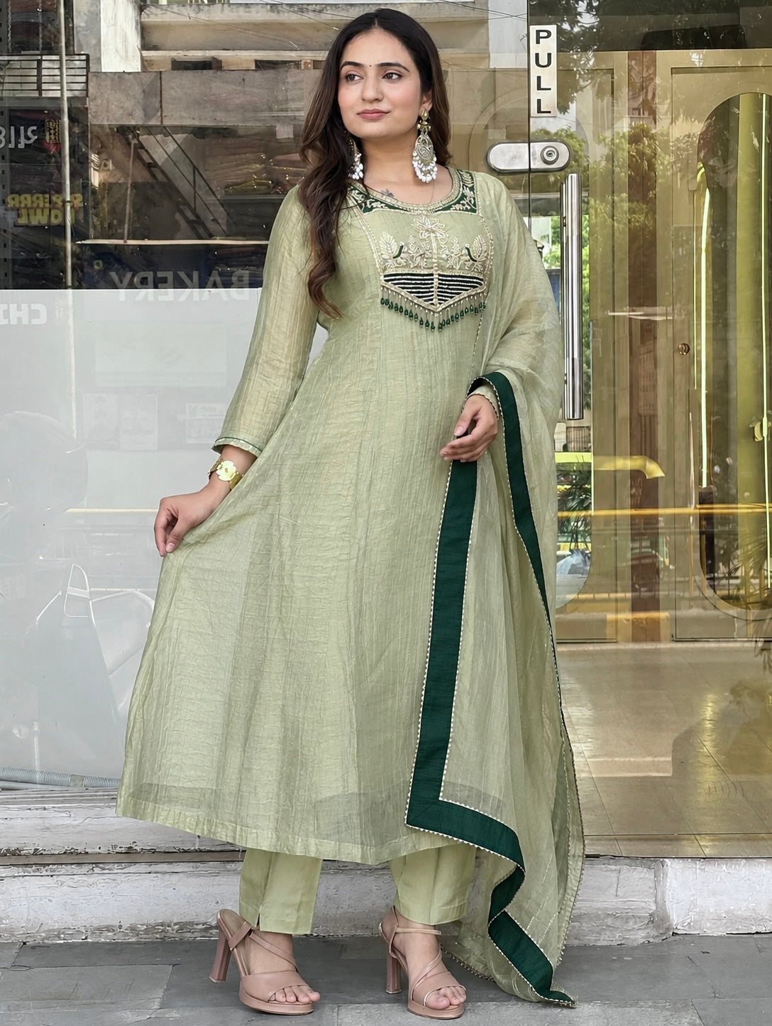 Pastel Sage Green Embroidered Salsa Anarkali Kurta Set with Organza Dupatta