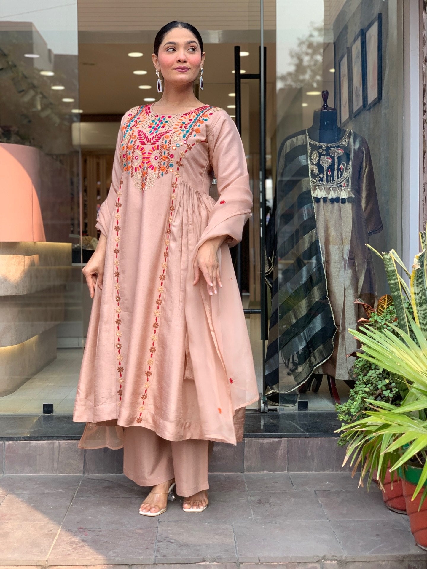 Elegant Peach Embroidered Anarkali Kurta Pant Set with Dupatta