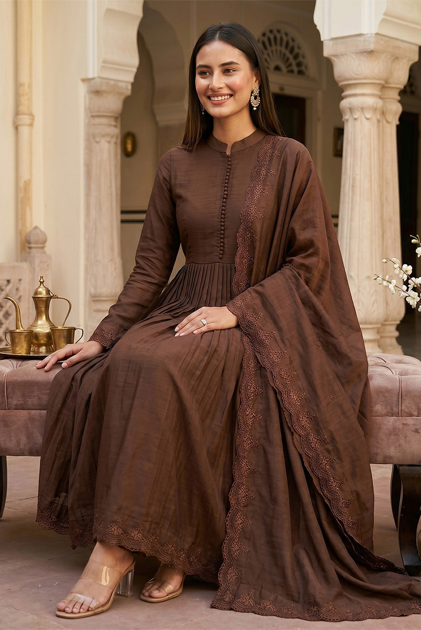 Brown Flared Anarkali Suit Set with Dupatta