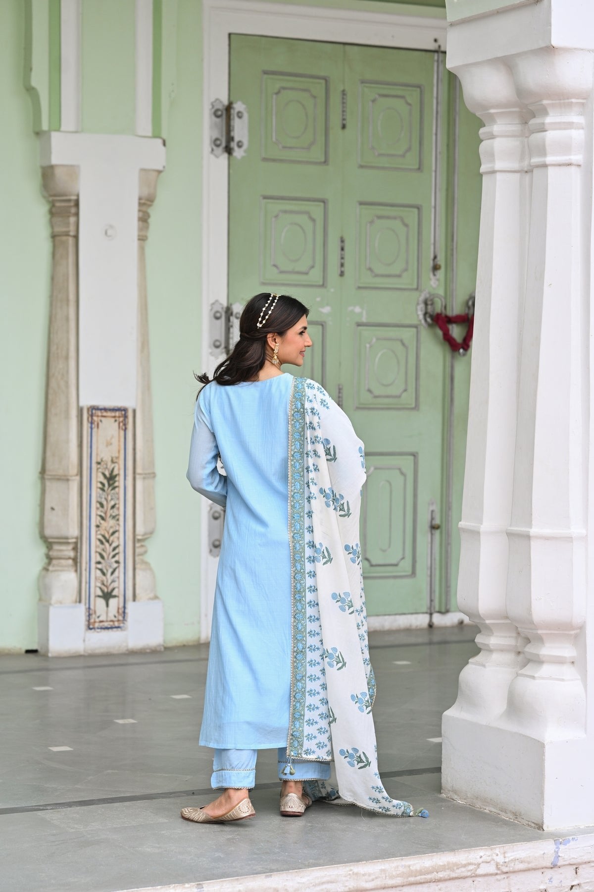 Mahee Jaipur Powder Blue Pure Mul Kurta With Pant And Dupatta Set