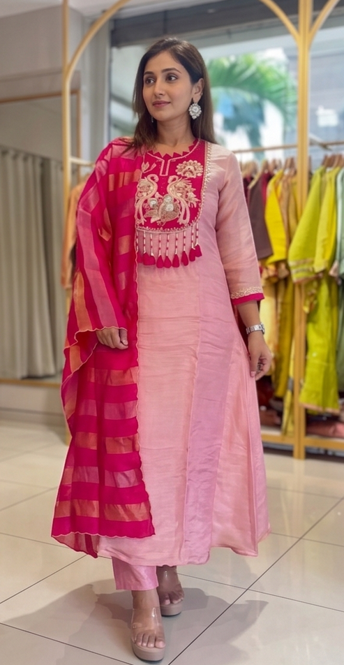 Elegant Pink Chanderi Silk Suit Set with Intricate Peacock Embroidery