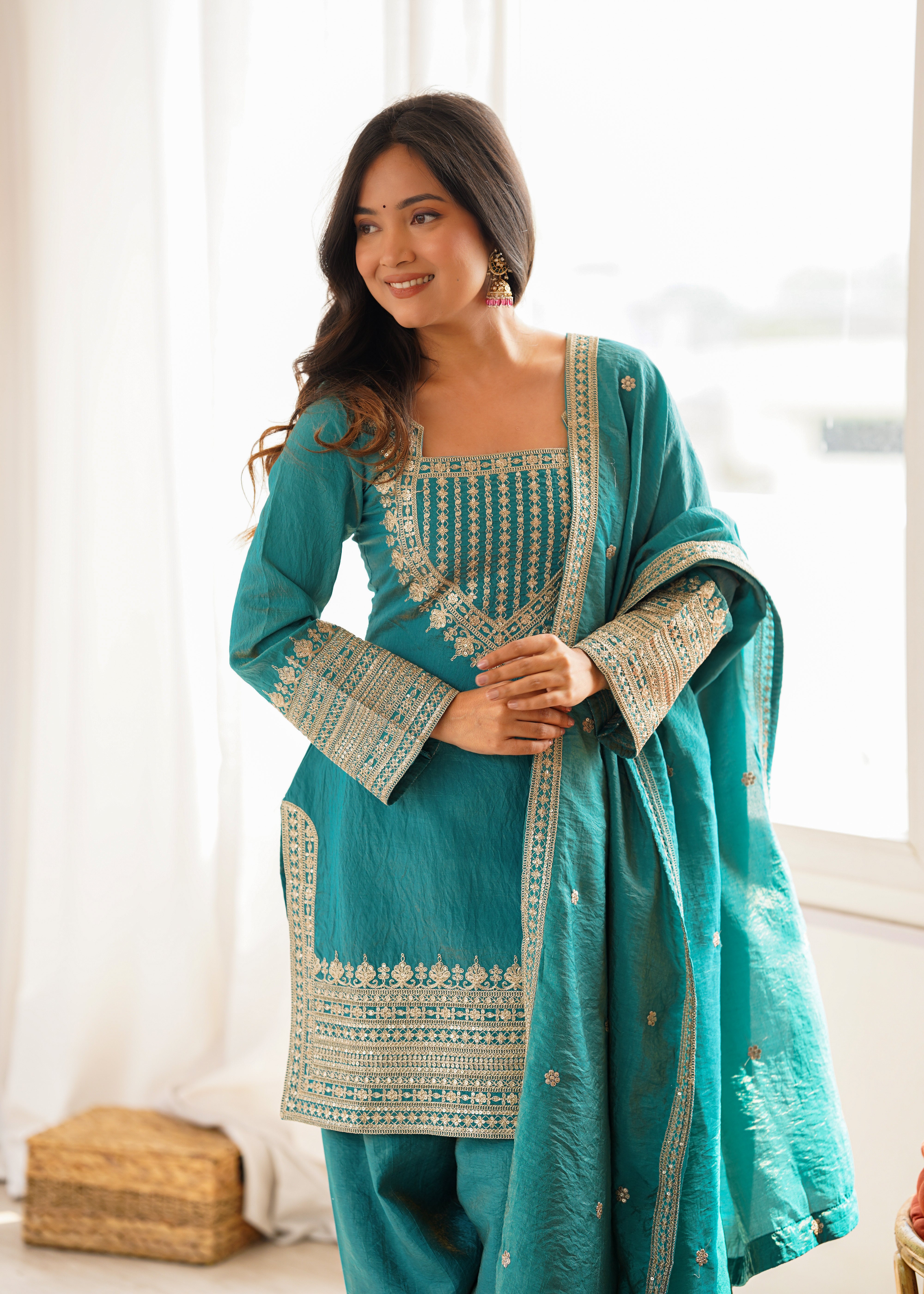 Sea Green Color NC Vichitra Silk Farshi Salwar Suit
