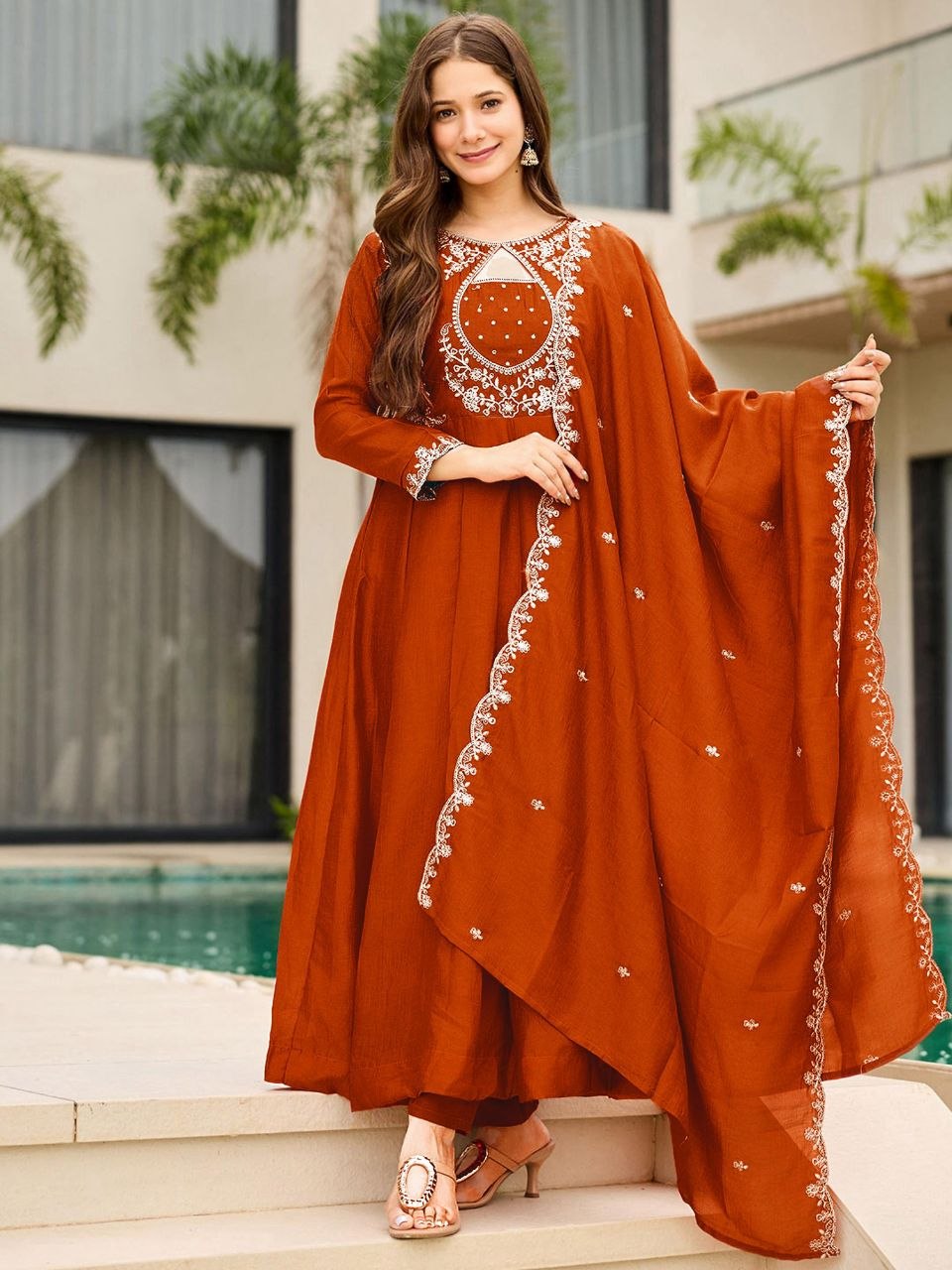 Rust Orange Vichitra Silk Embroidered Anarkali Kurta Pant Set With Dupatta