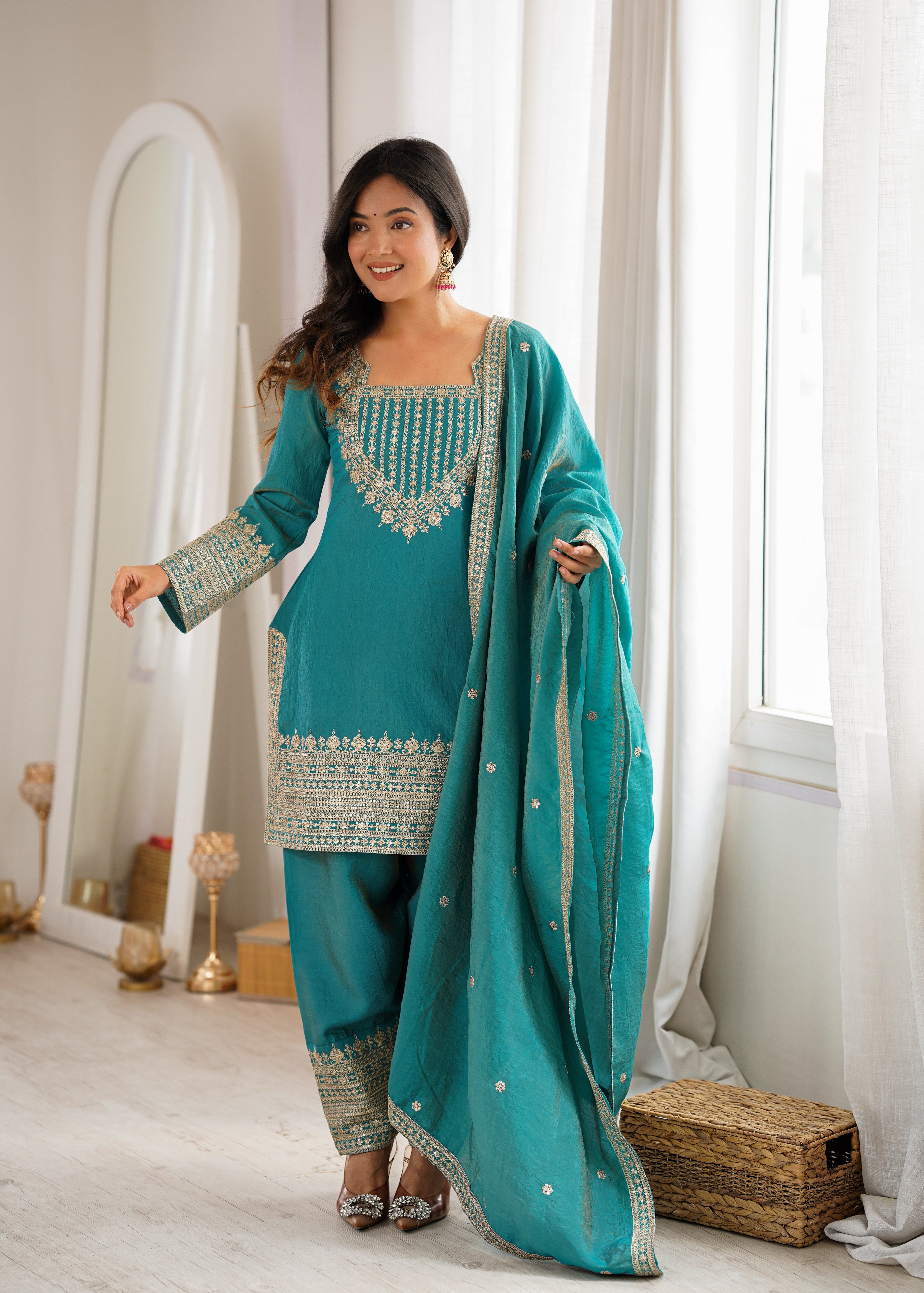 Sea Green Color NC Vichitra Silk Farshi Salwar Suit