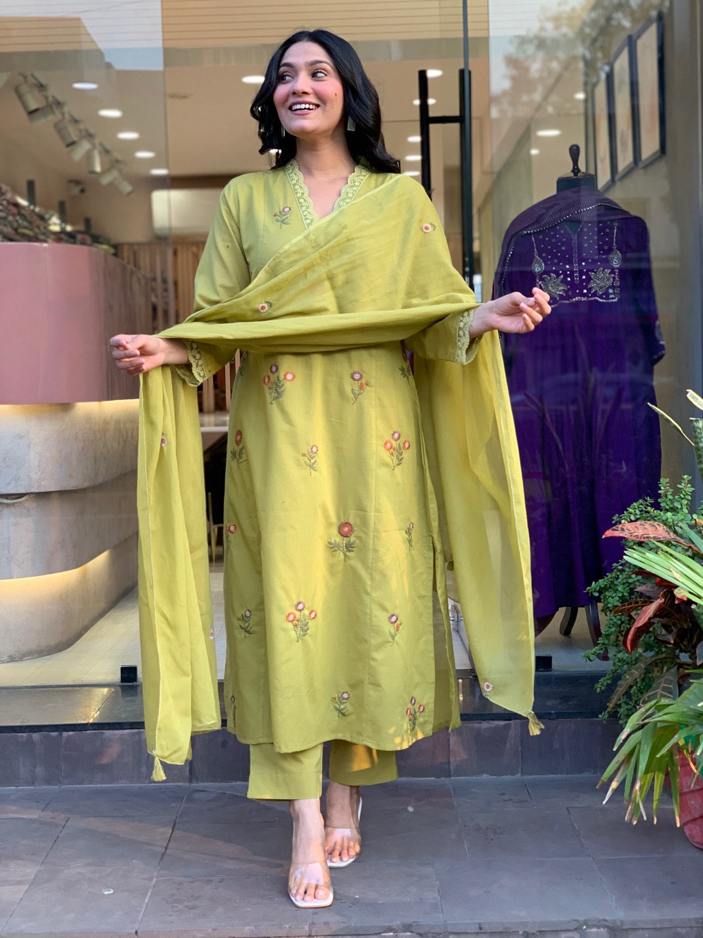 Pista Floral Embroidered Chanderi Kurta Set with Dupatta