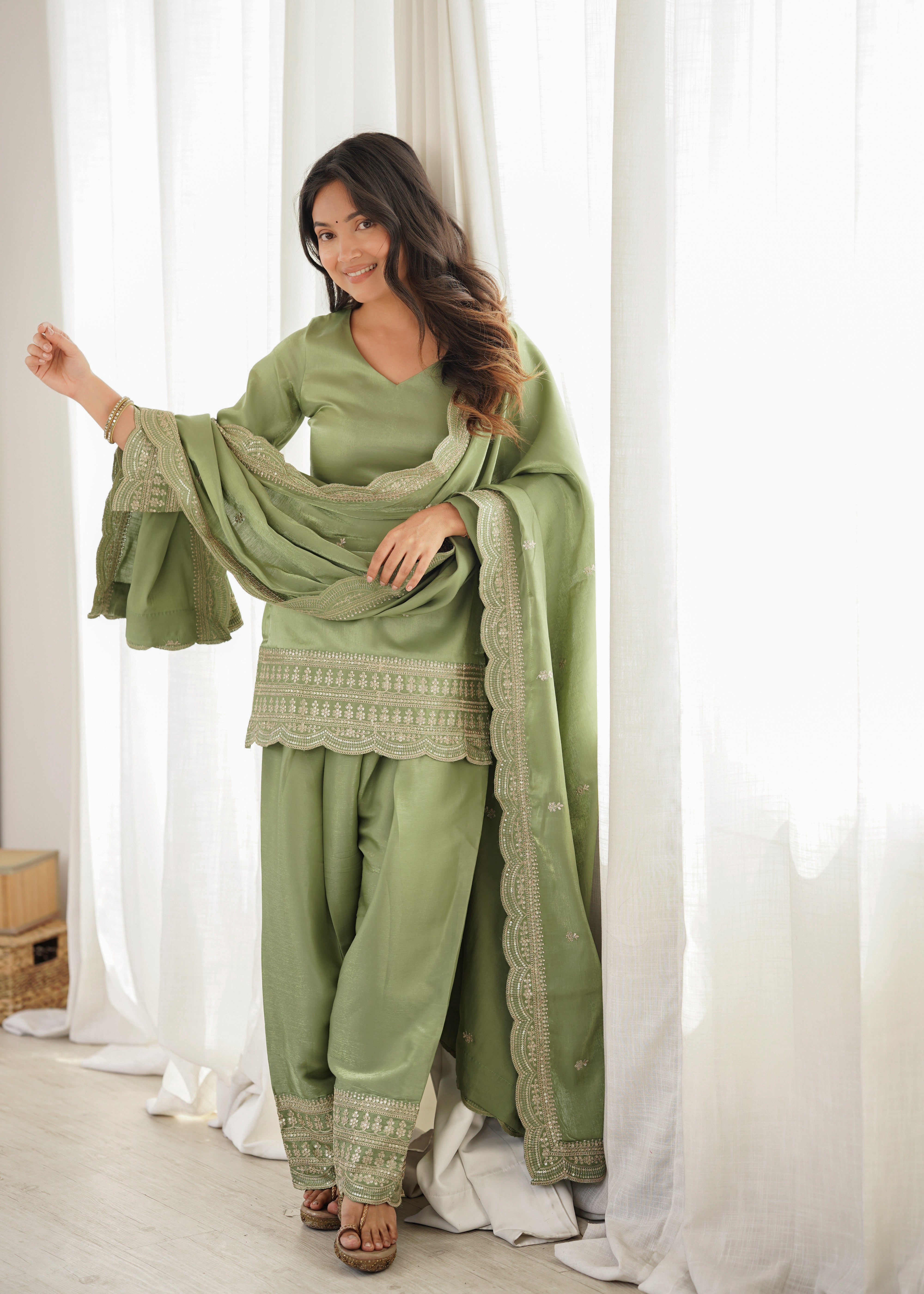 Olive Green Salwar Suit for Women | Embroidered Kurta, Salwar, and Dupatta Set