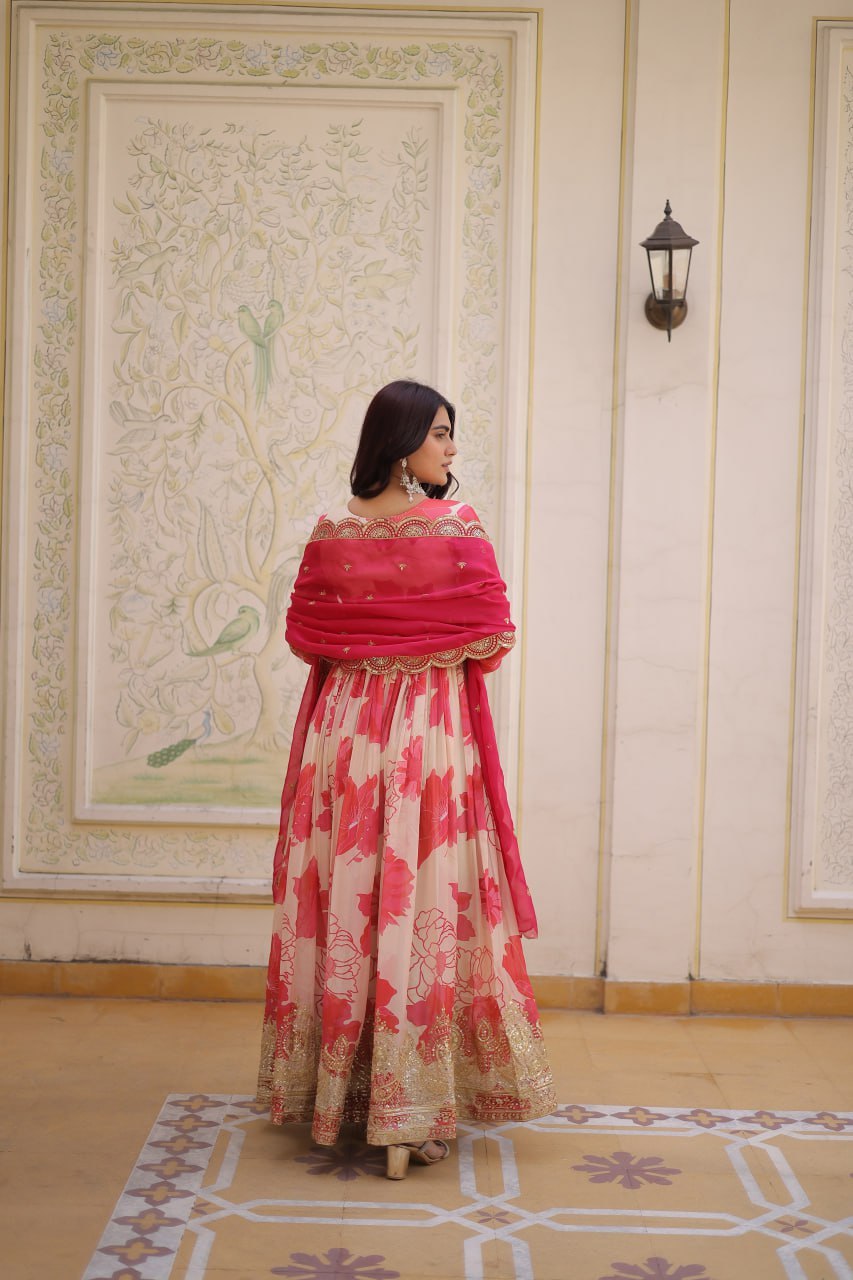 White With Pink Embroidery Zari Sequins Work Digital Printed Russian Silk Gown With Dupatta