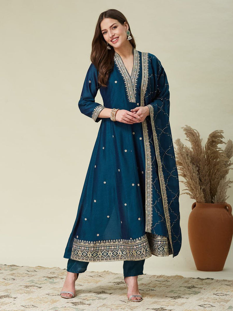 Teal Blue Embroidered Anarkali Kurta Set with Dupatta