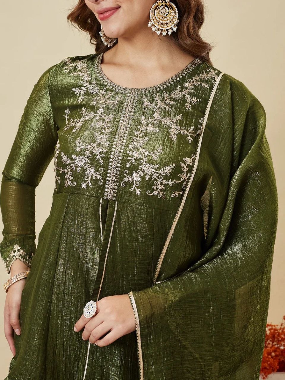 Olive Green Embroidered Kurta Palazzo Set with Dupatta