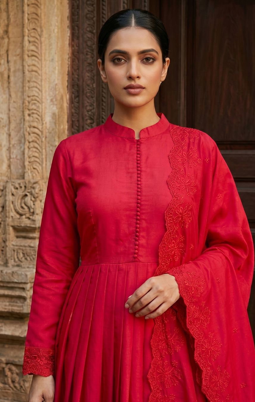 Elegant Wine Red Anarkali Suit Set with Dupatta