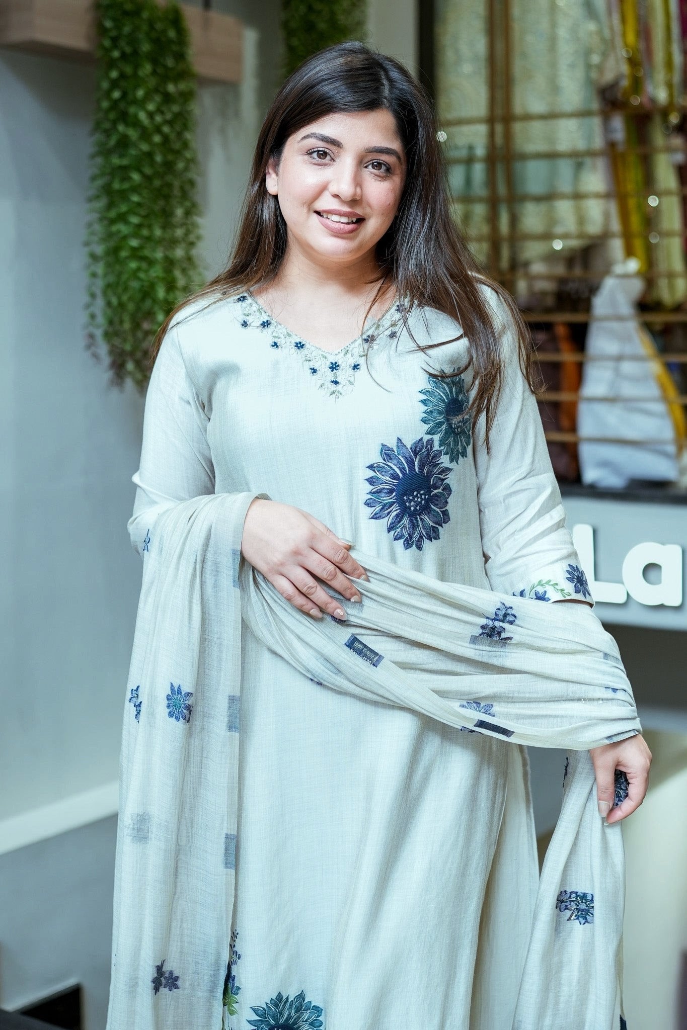 Ice Blue Pure Lilan Suit Set for Women