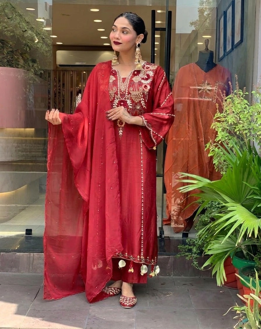 Elegant Maroon Chanderi Silk Heavily Embroidered Kurta Pant Set With Dupatta