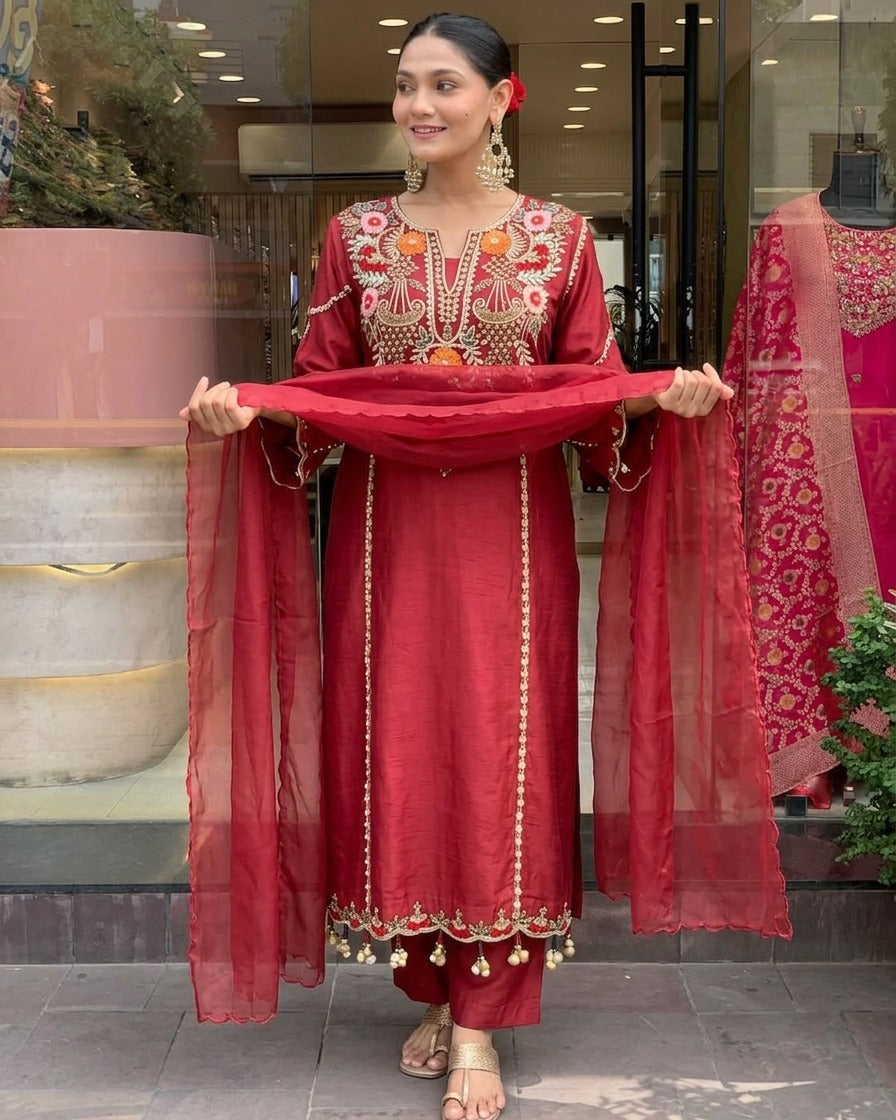 Elegant Maroon Chanderi Silk Heavily Embroidered Kurta Pant Set With Dupatta