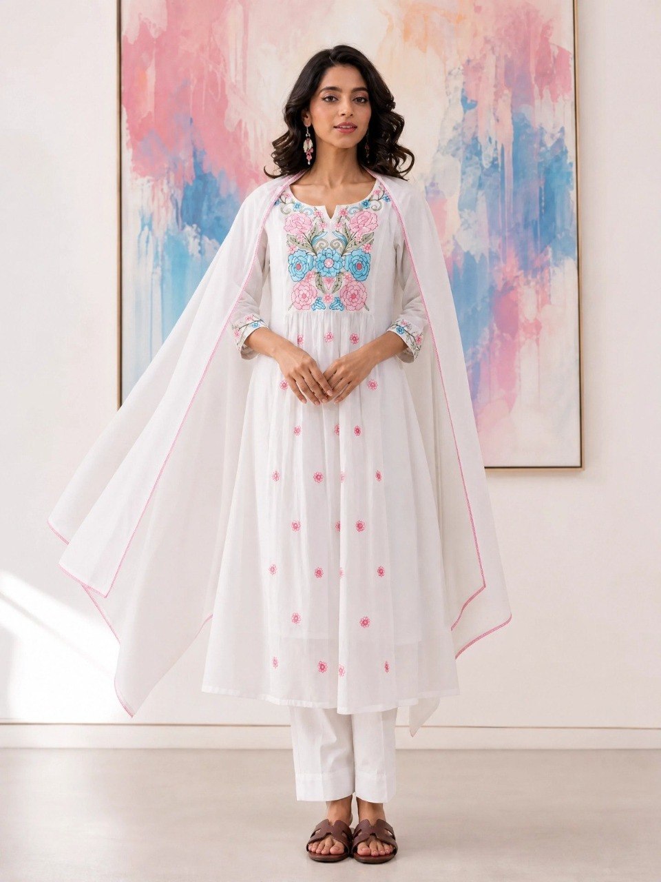 Elegant Ivory White Cotton Flared Anarkali Suit Set with Multi-Color Floral Embroidery & Cape-Style Dupatta